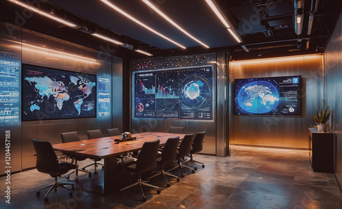 A conference room with a large table and chairs, and a large screen on the wall. The room is designed to be a place for meetings and presentations