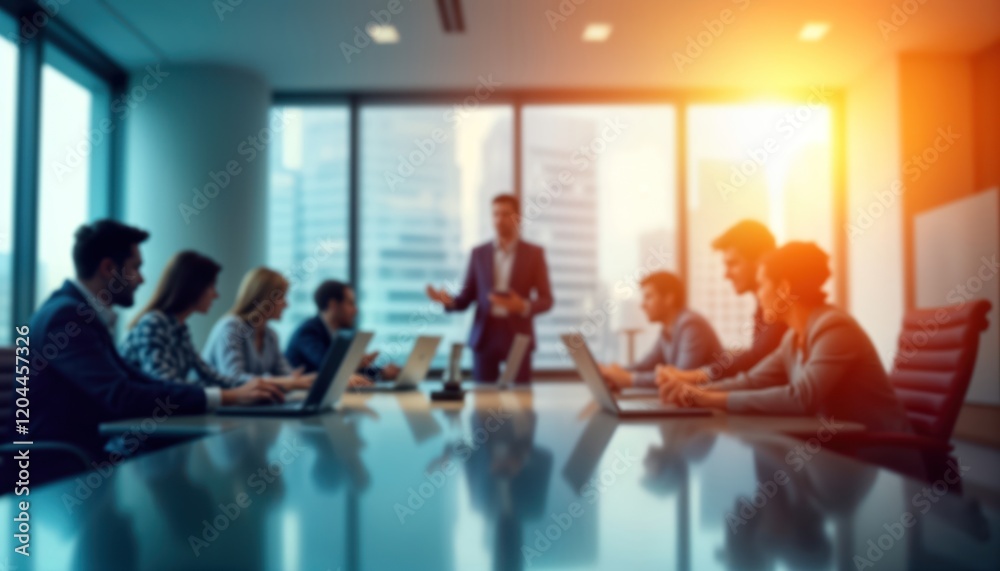 Obraz premium Business professionals hold meeting in modern office. Group discussion takes place around table. People use laptops. Blurred background shows vibrant office with blue, orange hues. Meeting looks