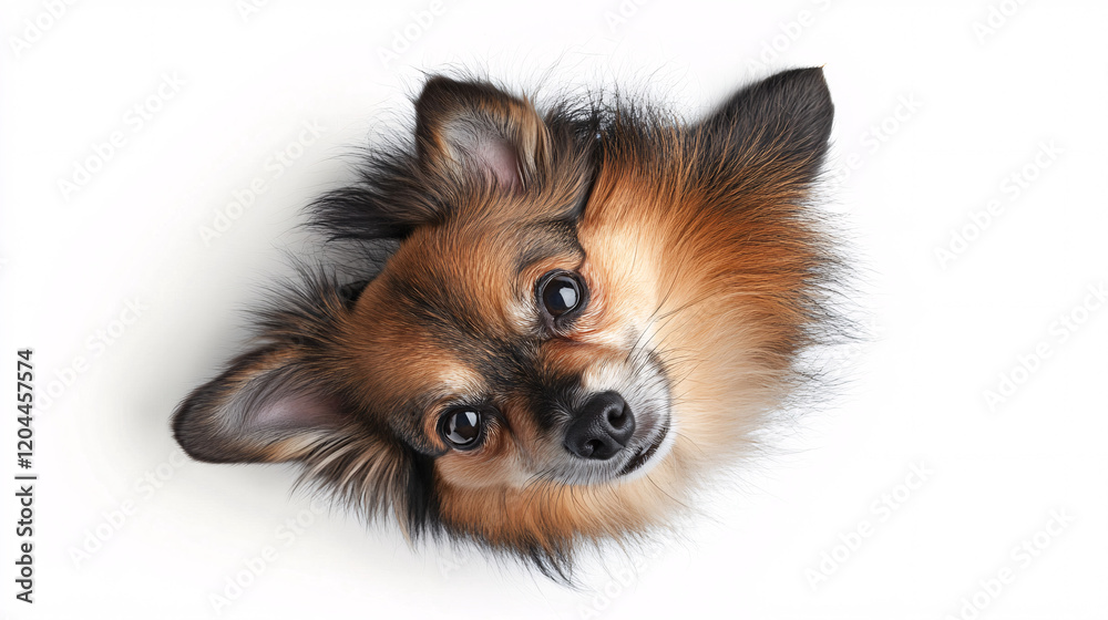 Obraz premium A fluffy brown and black dog curiously peeks from a white background with big expressive eyes creating an adorable and playful look 