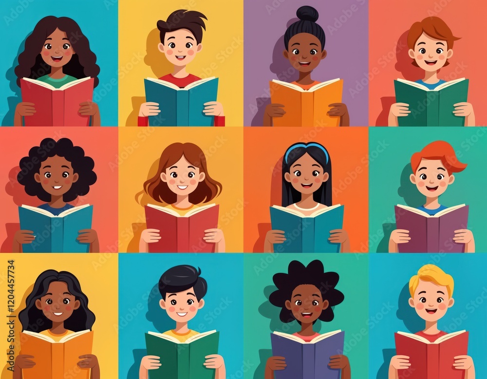 Fototapeta premium Diverse group of kids happily reading books. Multiethnic children enjoy reading on colorful backgrounds. Positive portrayal of diverse children learning. Image promotes inclusivity and literacy.