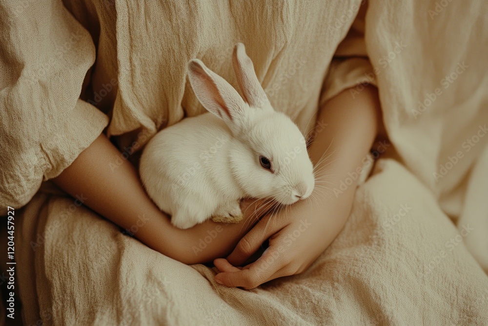 Soft, warm tones highlight gentle embrace of rabbit, evoking ten Soft, warm tones highlight gentle embrace of rabbit, evoking ten