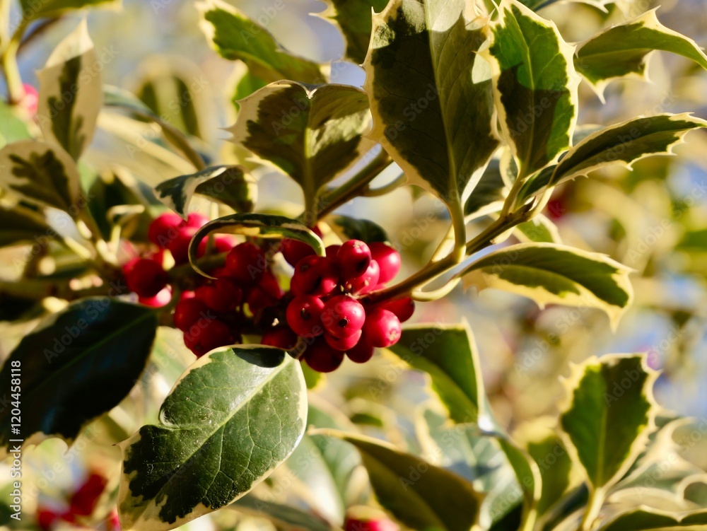 Obraz premium Red berries on branches of the holly (Ilex aquifolium) variegated cultivar, common holly, English holly, European holly, or Christmas holly. France