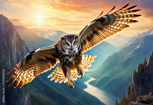 Majestic owl soaring over a breathtaking mountain landscape at sunrise with vibrant colors illuminating the sky photo