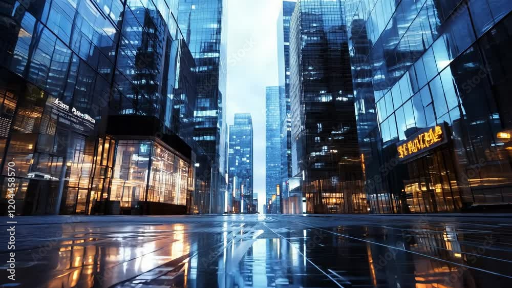 Modern skyscrapers reflecting on wet pavement in urban cityscape Modern skyscrapers reflecting on wet pavement in urban cityscape