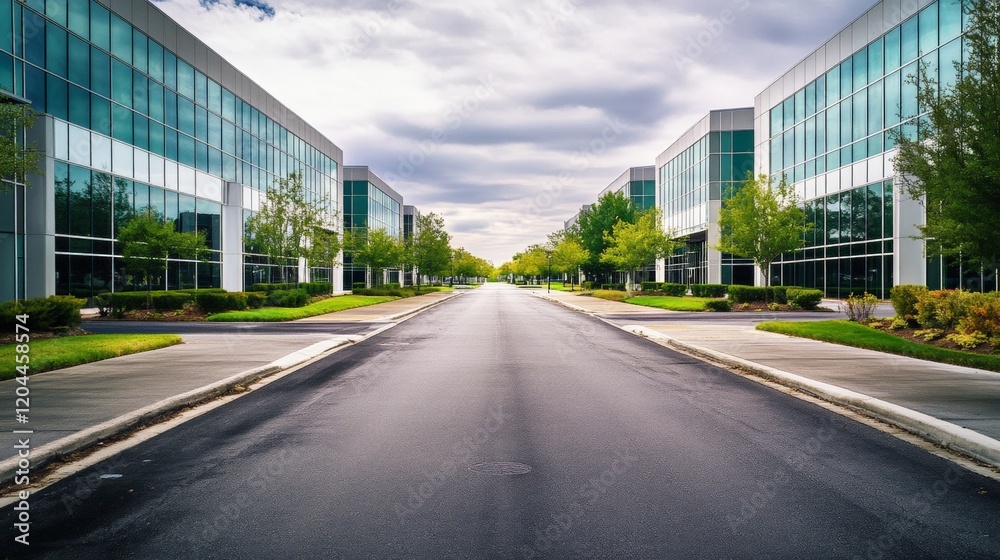 Modern street photography, Front view, one point view shot of a large street in a business district with modern buildings, peaceful atmosphere Modern street photography, Front view, one point view shot of a large street in a business district with modern buildings, peaceful atmosphere