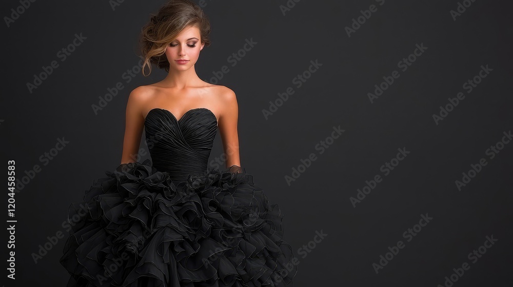 Fototapeta premium Elegant woman in black gown, studio portrait, dark background, fashion photography