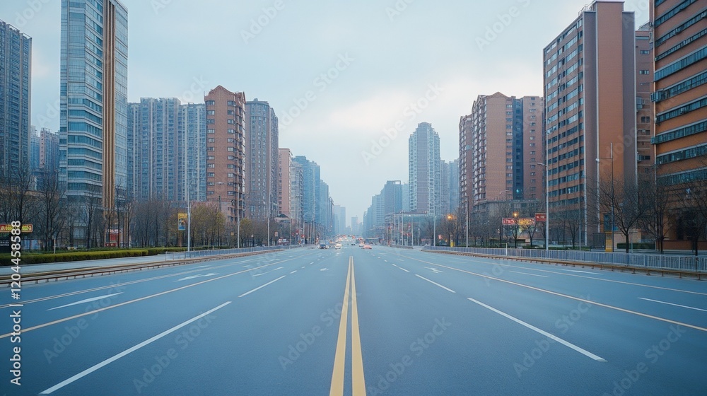 Naklejka premium Modern street photography, Front view, one point view shot of a large street in a business district with modern buildings, peaceful atmosphere