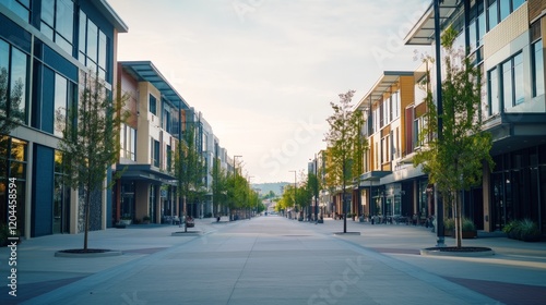 Modern street photography, Front view, one point view shot of a large street in a business district with modern buildings, peaceful atmosphere