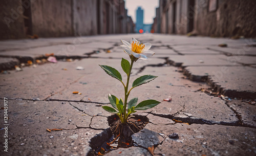 A small white flower is growing in a crack in the sidewalk. The flower is surrounded by rubble and debris, giving the impression of a broken and abandoned place. Concept of resilience and hope