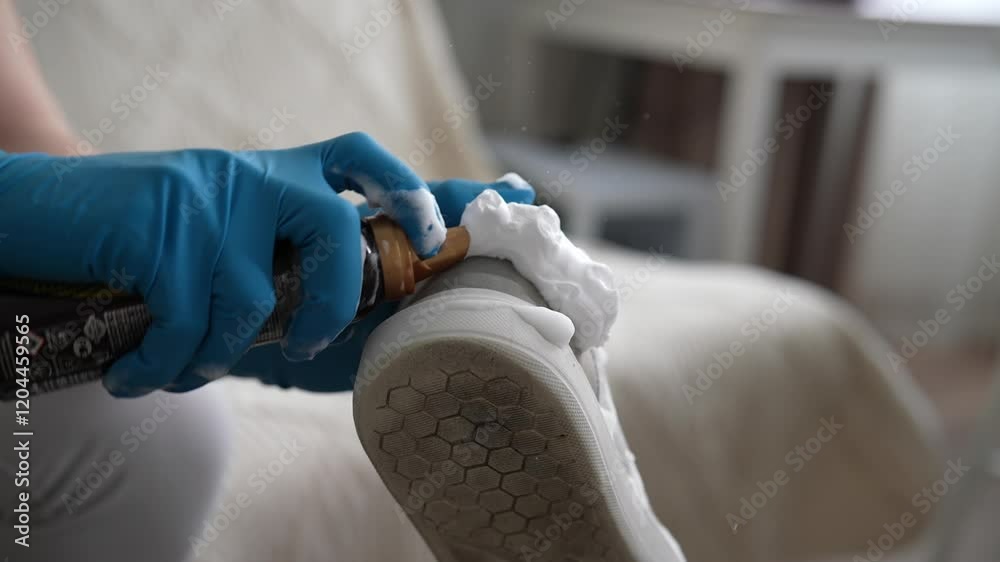 Man in blue gloves applying foam cleaner to white sneaker using spray can and brush, meticulously cleaning the shoe surface. Concept of professional footwear maintenance, closeup, slow motion. Man in blue gloves applying foam cleaner to white sneaker using spray can and brush, meticulously cleaning the shoe surface. Concept of professional footwear maintenance, closeup, slow motion.