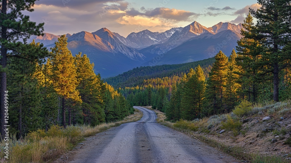 A straight long mountain road surrounded by tall pine trees forest, high mountains in the horizon