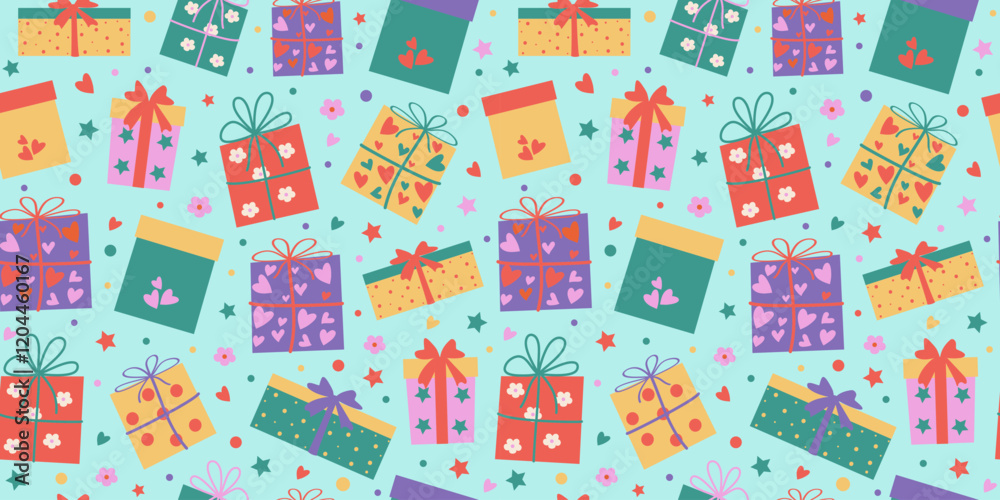 Pattern gift wrapping, festive gift box. Flowers, hearts, Stars repeating background. Pattern gift wrapping, festive gift box. Flowers, hearts, Stars repeating background.