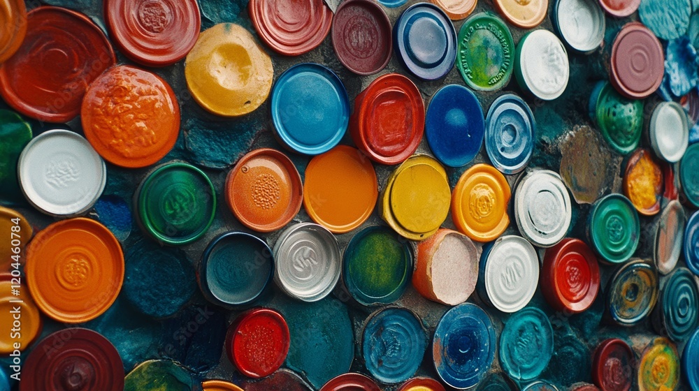 A colorful mosaic of painted can lids creates a vibrant, textured artwork, transforming everyday objects into a dynamic expression of creativity. A colorful mosaic of painted can lids creates a vibrant, textured artwork, transforming everyday objects into a dynamic expression of creativity.