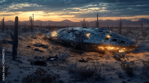 A desert landscape outside Roswell at dusk, with low rolling hills and an alien spacecraft partially buried in sand and surrounded by metallic debris