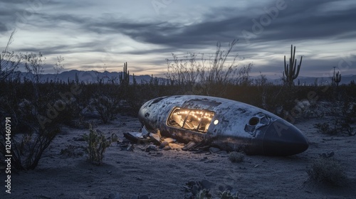 A desert landscape outside Roswell at dusk, with low rolling hills and an alien spacecraft partially buried in sand and surrounded by metallic debris