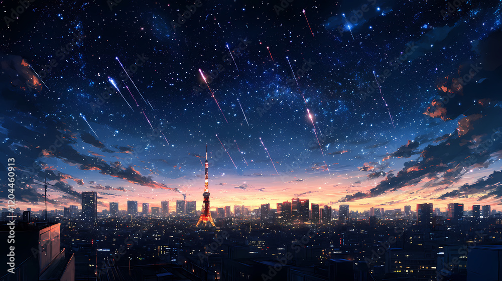 Fototapeta premium Night sky with stars over a city skyline. Starry Horizon. Illustration