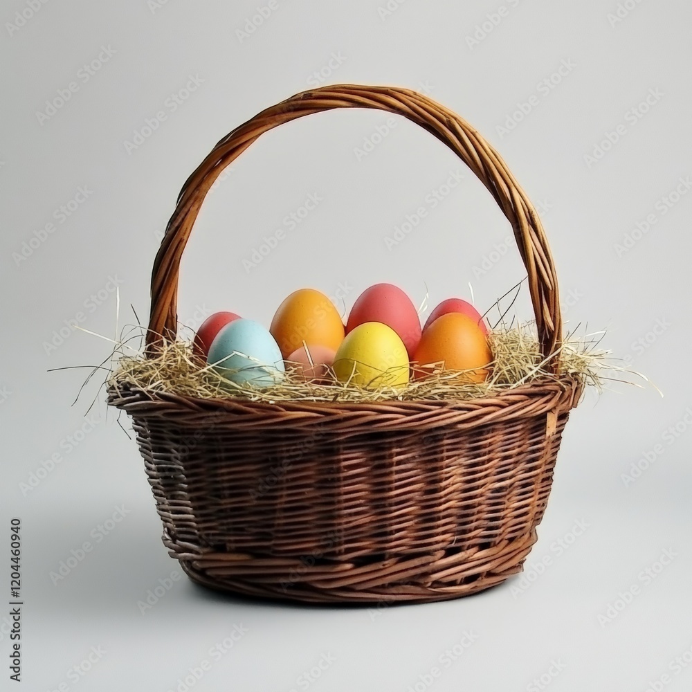A brown wicker basket with handle. the basket is full of easter eggs and straw A brown wicker basket with handle. the basket is full of easter eggs and straw