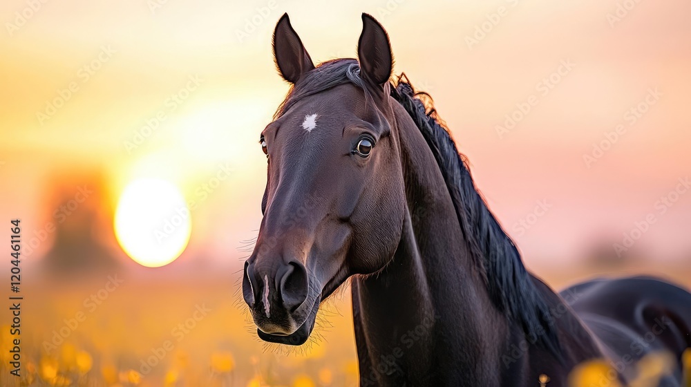 Obraz premium Dark horse sunset portrait, field background, nature beauty, equine photography