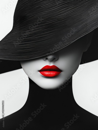 Black and white portrait of a beautiful woman in a black hat that covers her face, only her red lips are visible