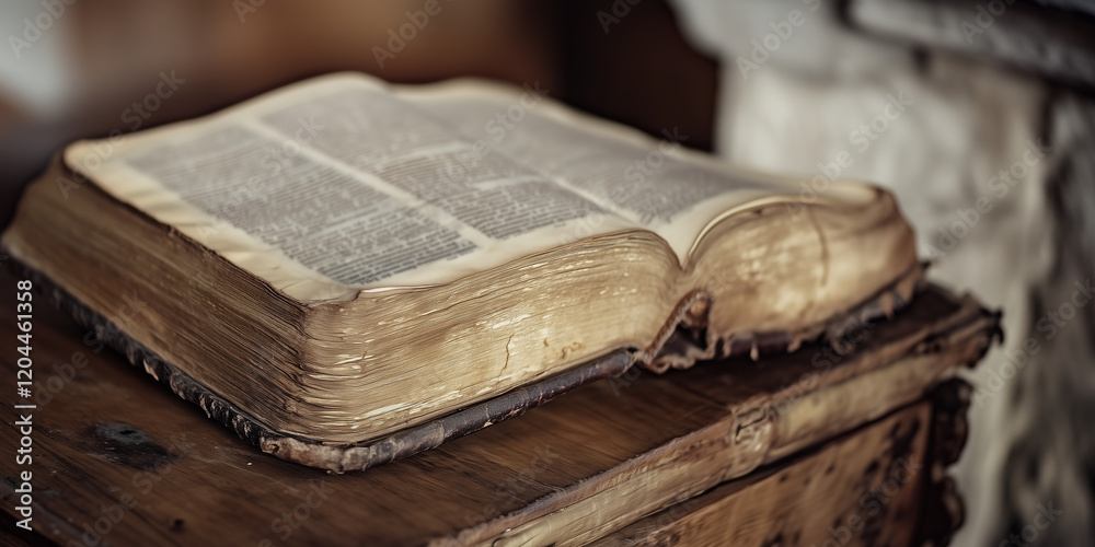 Obraz premium antique open book with aged yellow pages resting on a rustic wooden table, symbolizing timeless knowledge, history, and the enduring value of literature and storytelling