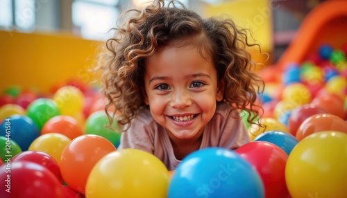 Cheerful girl enjoys colorful ball pit. Happy child plays with colorful plastic balls in indoor play area. Child fun, smiling. Indoor playground filled with vibrant balls. Joyful moment captures pure