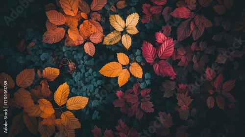 Autumn leaves in shades of orange, yellow, and red, contrasting against dark green foliage