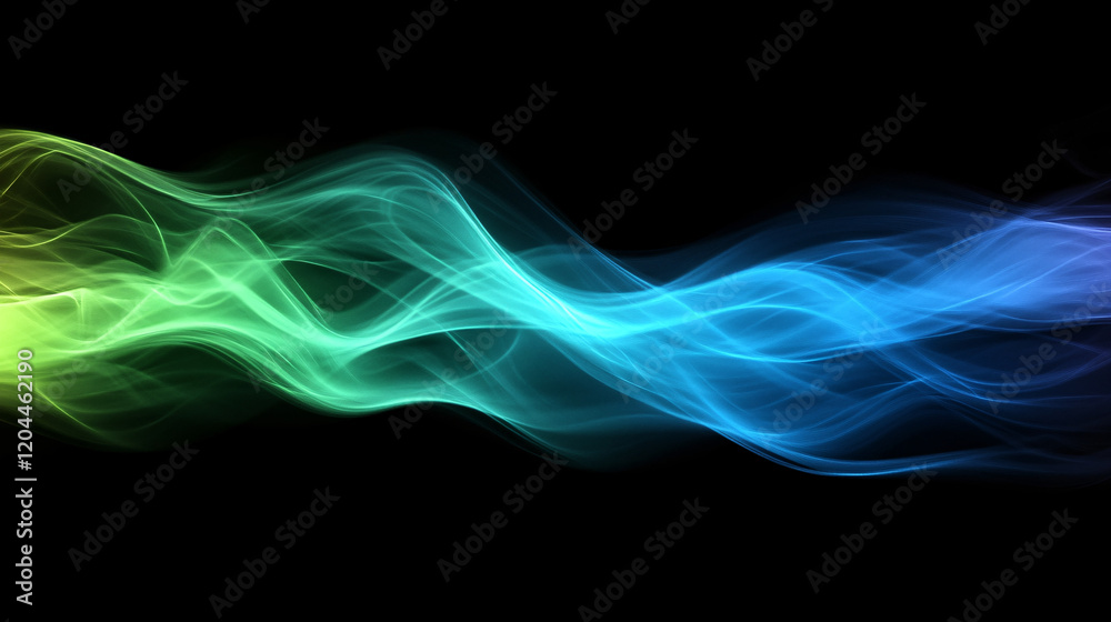 Naklejka premium a vibrant abstract wave of light in shades of green blue and yellow flowing smoothly against a black background 