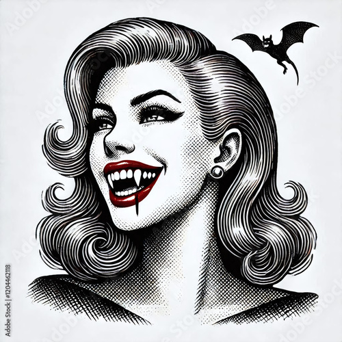 Smiling female vampire with fangs and glamorous hairstyle, blending horror and retro elegance sketch. Scratch board imitation. Black and white image. Generative AI.