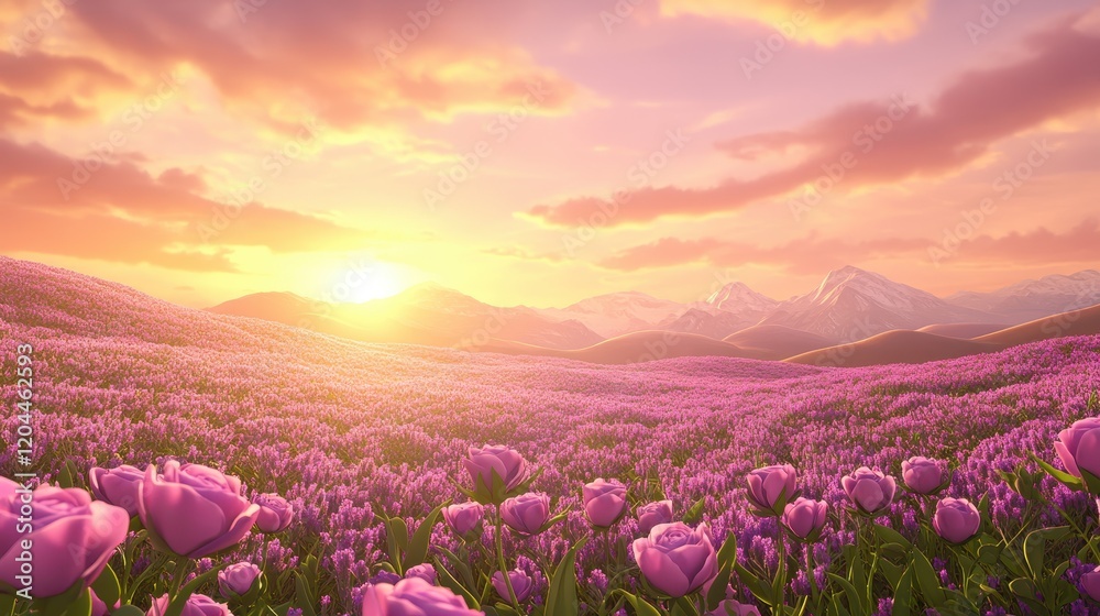 Fototapeta premium Serene Sunset Over Lavender Field And Mountains