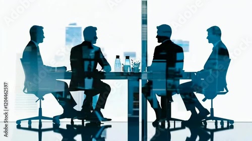double exposure silhouetted businessman around a table for a meeting, against a blurred city background