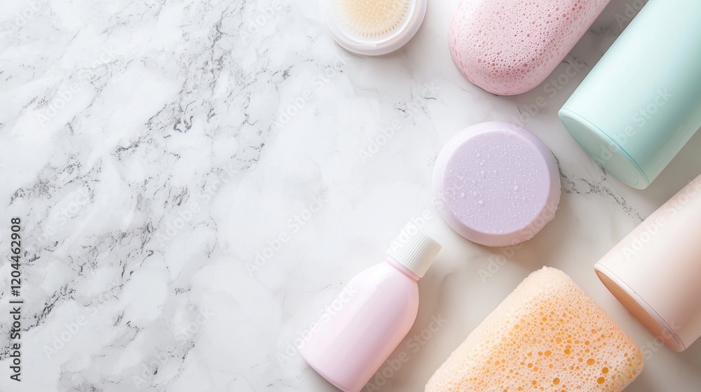 Flat lay of various skincare products arranged on a white marble surface. there are six bottles of different colors - pink, blue, green, orange, and white - arranged in a scattered manner. Flat lay of various skincare products arranged on a white marble surface. there are six bottles of different colors - pink, blue, green, orange, and white - arranged in a scattered manner.
