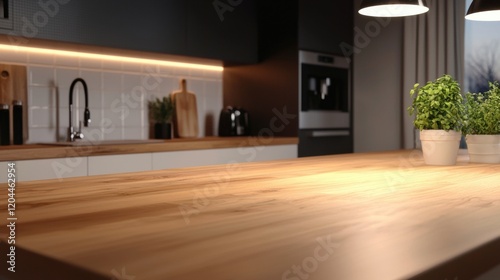 Modern kitchen with a wooden countertop in the foreground. the countertop is made of light-colored wood and has a smooth surface.