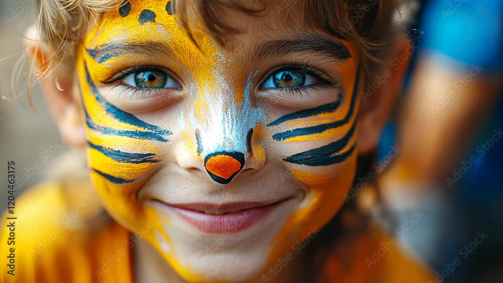 Joyful child with tiger face paint smiling and expressing happiness