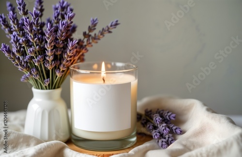 Dry lavender bouquet in small white vase next to glass candle with blank label. Natural light highlights neutral beige background. Stylish presentation for branding mockup purposes. Botanical, photo