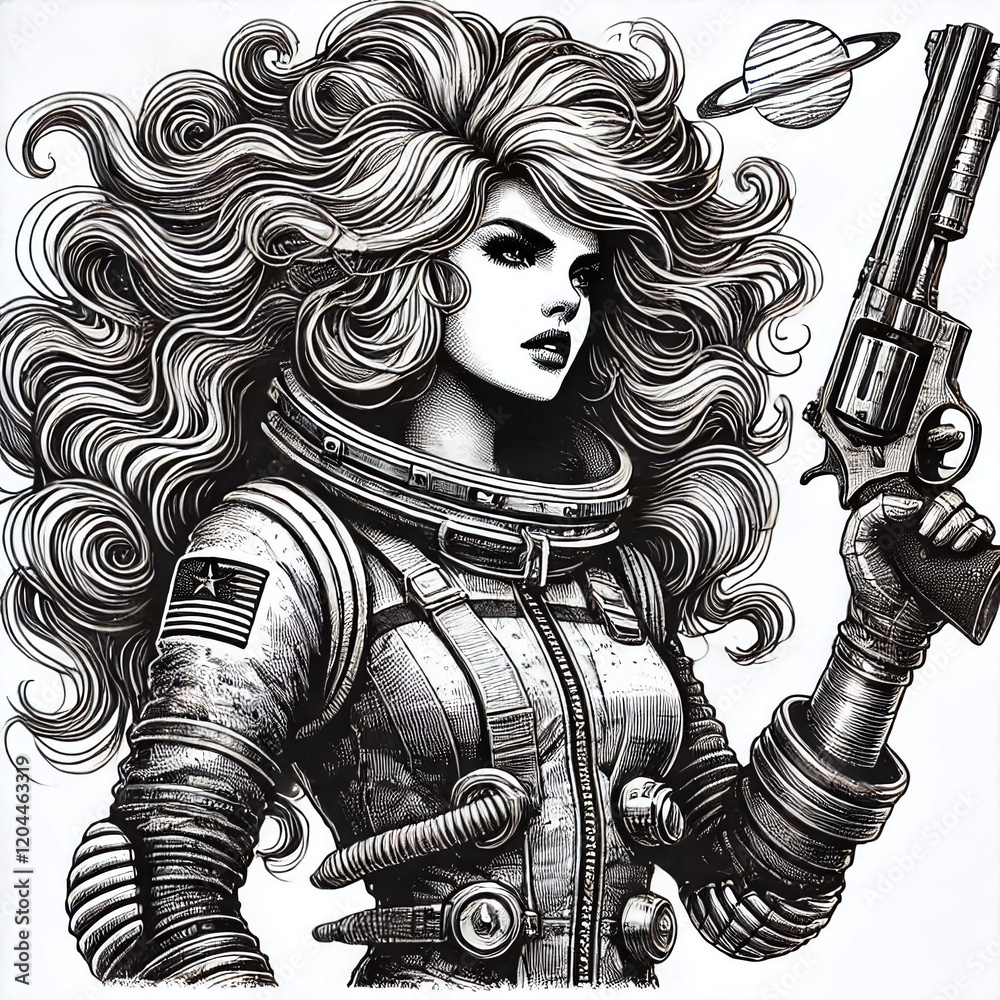 Obraz premium Spacewoman in a vintage spacesuit, holding a revolver, with voluminous hair and a bold expression sketch. Scratch board imitation. Black and white image. Generative AI.