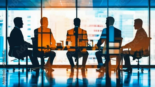double exposure silhouetted businessman around a table for a meeting, against a blurred city background