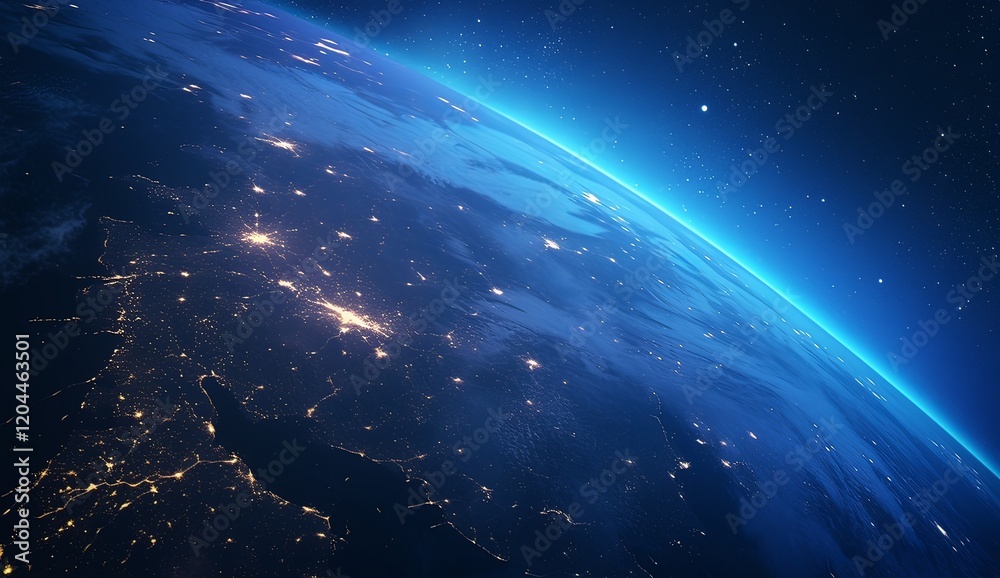 Fototapeta premium Earth from Space, Glowing City Lights on Half of the Planet, Dark Blue Sky, Nighttime Scene