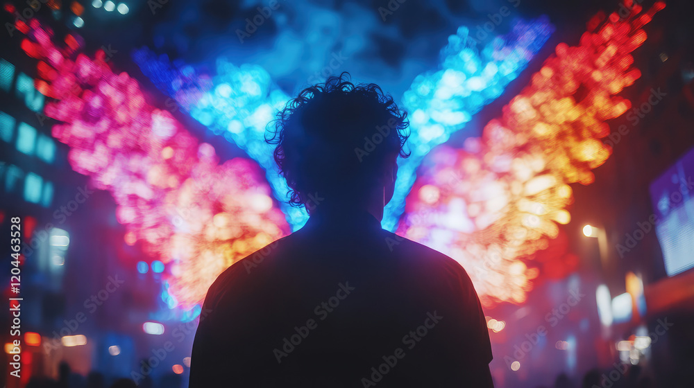 Fototapeta premium Silhouetted concert crowd rejoices under vibrant stage lights at music festival