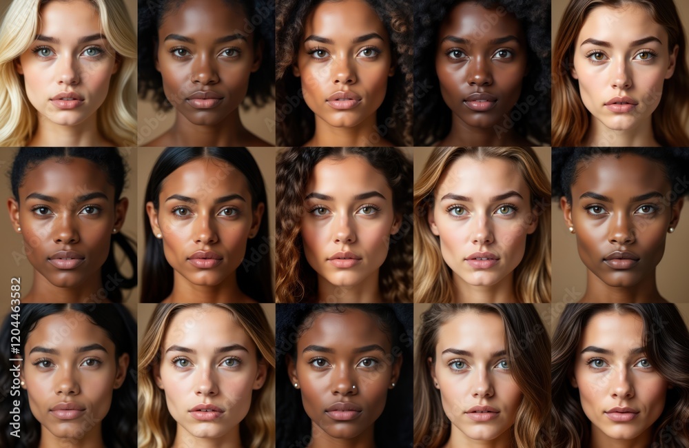 Diverse group of women with various ethnicities. Portraits display different complexions, hairstyles. Faces calm, expressionless. Photo style modern, neutral. Great for diversity, inclusivity. Images Diverse group of women with various ethnicities. Portraits display different complexions, hairstyles. Faces calm, expressionless. Photo style modern, neutral. Great for diversity, inclusivity. Images