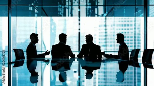 double exposure silhouetted businessman around a table for a meeting, against a blurred city background