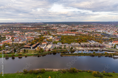 Panoramic view of Dresden from hot air balloon. Elbe River flows through city, creating picturesque landscape. Germany. Aerial view photo