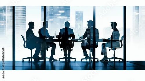 double exposure silhouetted businessman around a table for a meeting, against a blurred city background