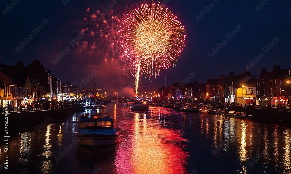 Fireworks over a harbor at night, reflecting on the water, with people watching from the shore. Fireworks over a harbor at night, reflecting on the water, with people watching from the shore.