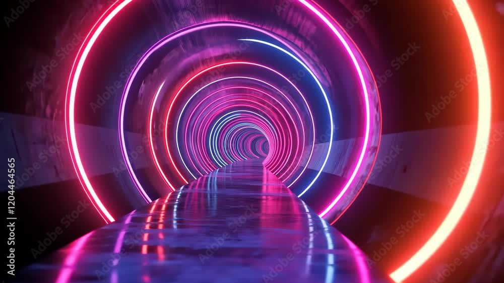 Colorful neon tunnel with reflections and changing lights in futuristic circular passage Colorful neon tunnel with reflections and changing lights in futuristic circular passage