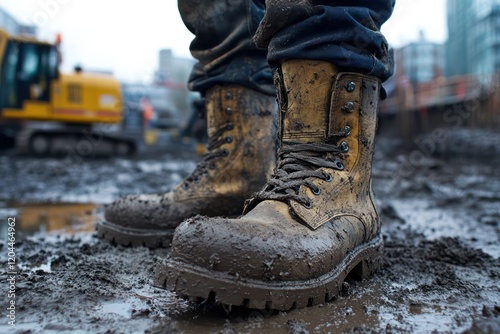 Construction boots in muddy conditions at a worksite. photo