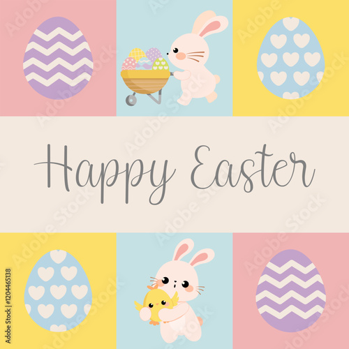 Cute pastel geometric easter greeting card. Bunny, rabbit, decorated eggs vector. Perfect for social media post.