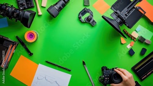 Flat lay of diverse camera equipment, lenses, pens and other tools on a green background