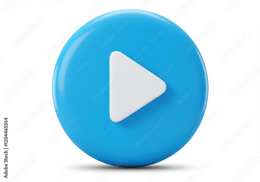 A 3D circular button in bright blue with a white triangular play icon in the center isolated on a white background A 3D circular button in bright blue with a white triangular play icon in the center isolated on a white background
