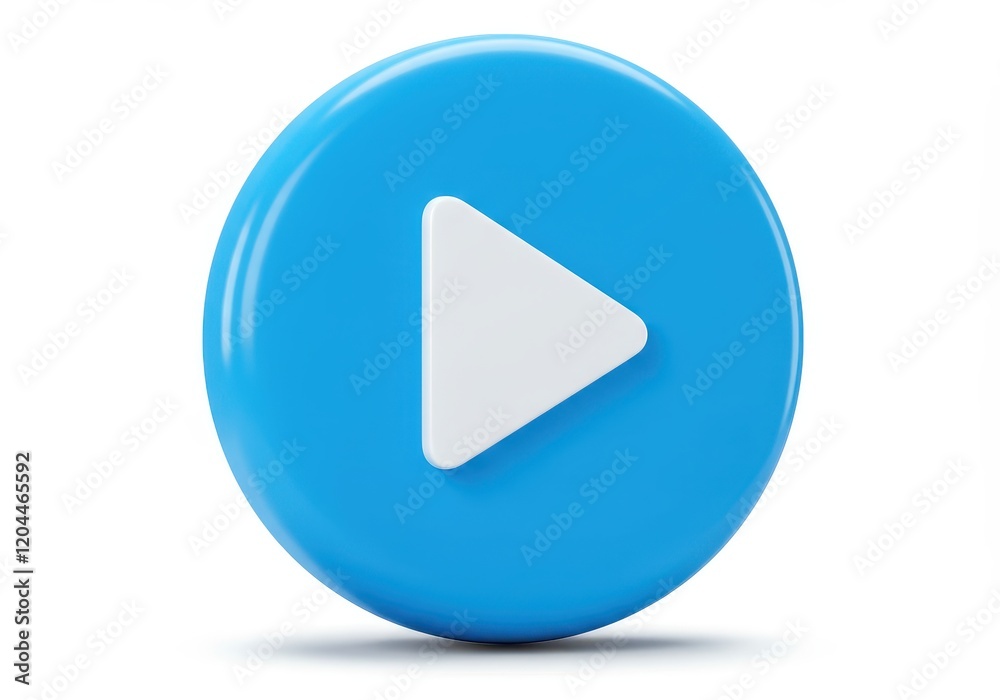 A 3D circular button in bright blue with a white triangular play icon in the center isolated on a white background A 3D circular button in bright blue with a white triangular play icon in the center isolated on a white background