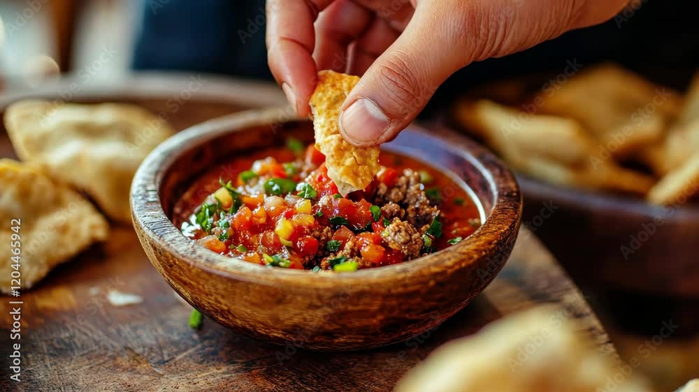 Hand enjoying delicious salsa with crispy chips in a rustic setting